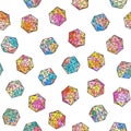 Seamless hand-drawn crosshatched icosahedron print. Vector multicolored illustration on light background. Original sketched d20 pa